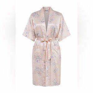 Ming Art Floral Satin Robe 1X Peach Kimono Belted Pockets Cottagecore